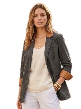 ISDA&C Oversized Blazer Black Linen Brown Roll-Back Sleeves Women's M